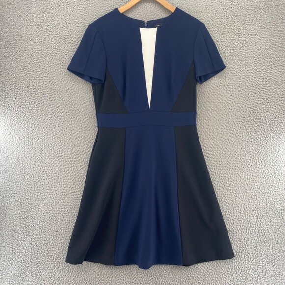 Tahari Dress Womens 6 Navy Colorblock Fit & Flare Scuba Stretch Short Sleeves - Picture 1 of 11